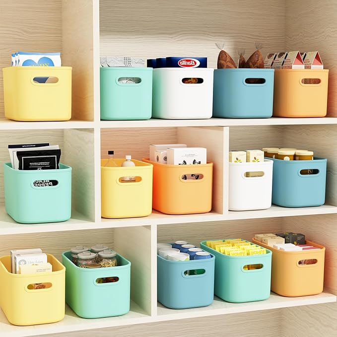 10 Pack Colorful Plastic Storage Bins, Storage Container for Organizing, Colored Storage Boxes with Handle for Shelves, Cute Organizer Bins for Craft, Snacks, Cabinet, 9.69x6.7x5.7 inch