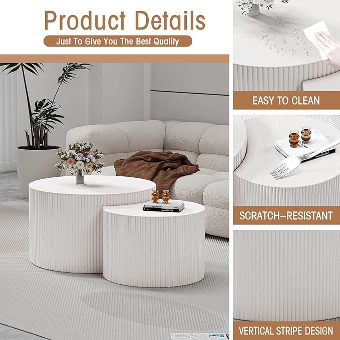 WXFKLDJ Round Nesting Coffee Table Set Cylindrical Wooden Coffee Table Sofa Center Table Circle Embossed Design Side Table for Living Room Apartment No Assembly (C-Shaped Small)