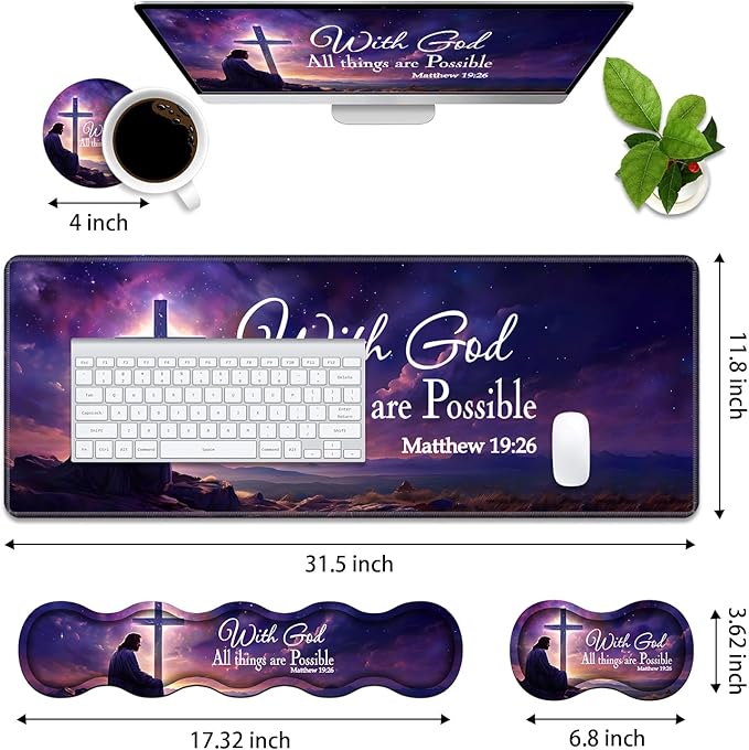Ergonomic Memory Foam Mouse Pad Wrist Rest Set,Large Gaming Desk Pad + Keyboard Wrist Rest + Mouse Wrist Cushion + Coaster for Home Office Study Gaming,Christian Cross Quote Bible Verse Matthew 19:26