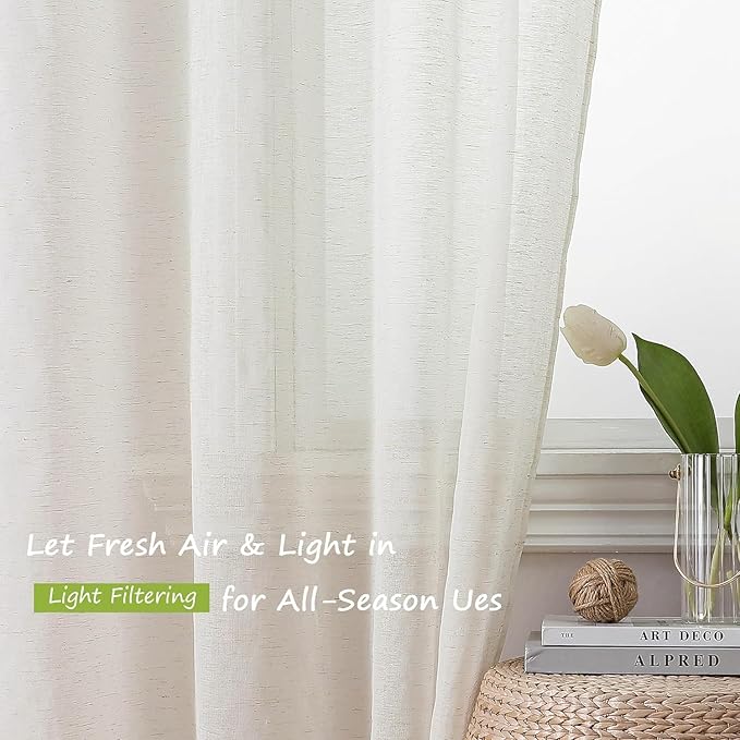 Aiyufeng Sheer Linen Curtains 84 Inches Long 2 Panels Set, Semi Transparent Voile Rod Pocket Linen Sheer Window Drapes for Bedroom Bed Canopy Dining Wedding Party Backdrop, 40W x 84L inch