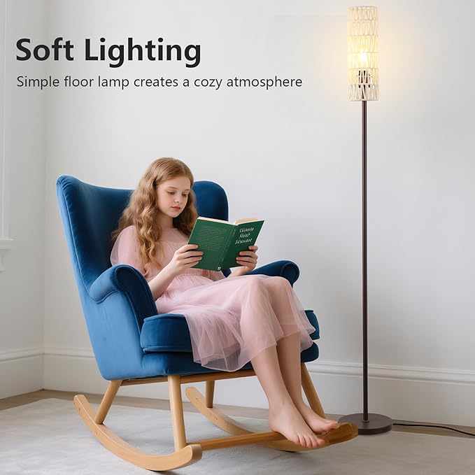 Floor Lamp for Living Room,Farmhouse Rattan Floor lamp,Modern Standing lamp with Hand-Worked Rattan Shade,Black Tall Lamp with Foot Switch，LED Bulb Included Brown