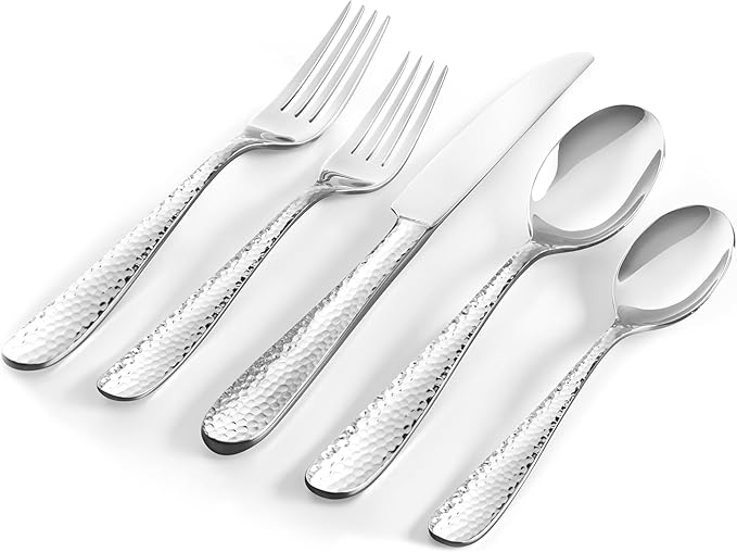 Hudson Essentials Premium 20 Piece Hammered Silverware Set, 18/10 Stainless Steel, Fine Flatware Service for 4 - Dishwasher Safe Bergamo Cutlery