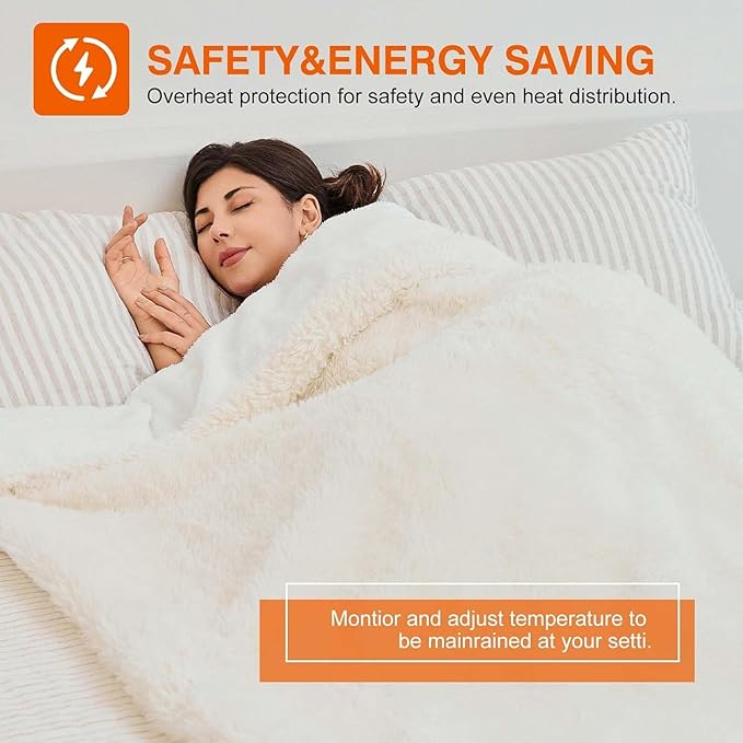 Heated Blanket with 10 Hours Auto-Off 6 Heat Level, Cozy Shaggy Faux Rabbit Fur Electric Blanket with Overheating Protection (White, 84"X90")