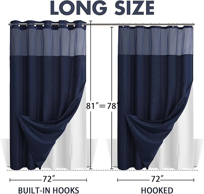 YellyHommy No Hook Shower Curtain with Snap in Liner Set Less Time Navy Blue Waffle Shower Curtain for Bathroom 81" L x 72" W