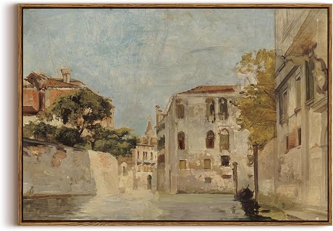 KISSFOX Vintage Venice Canal Canvas Wall Art Impressionist Retro Neutral Italy Cityscape Landscape Framed Wall Art Prints Artwork For Living Room Bedroom Kitchen