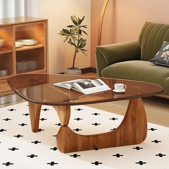Coffee Table for Living Room Mid Century Modern Center Table with Glass Top and Oak Wood, Brown/Walnut