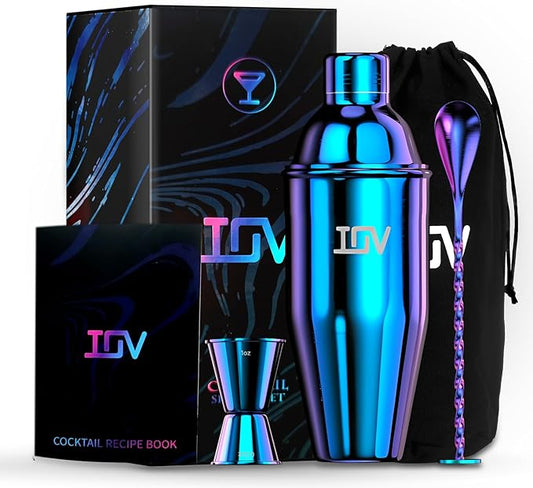IOV Cocktail Shaker Bar Set, 24oz Martini Shaker with Built-in Strainer, Bar Tool Kit with Recipes Booklet, Professional Stainless Steel Large Bartender Drink Shaker Margarita Alcohol Mixer-Rainbow