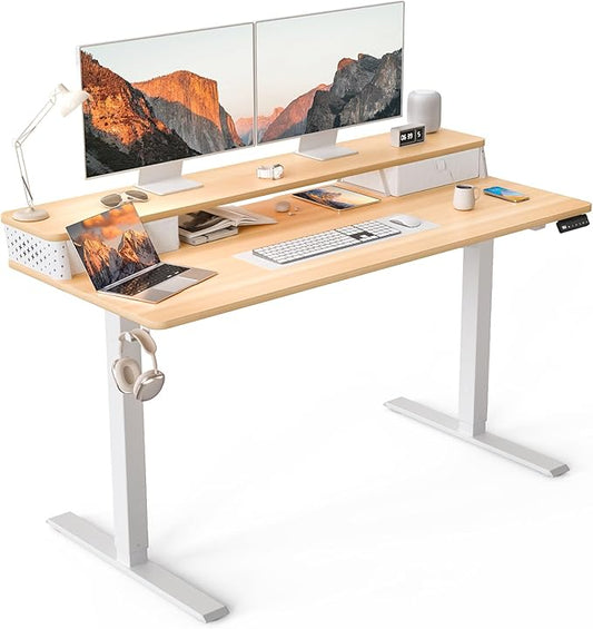 55 x 24 Inch Standing Desk with 2 Drawers, Easily Assembled Height Adjustable Desk, Ergonomic Sit to Stand Electric Desk for Home Office Workstation, Natural