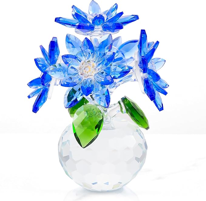 Enjinkail Handmade Crystal Daisy Figurine - Blue Glass Flowers Gifts for Women, Elegant Home Decor & Table Centerpiece