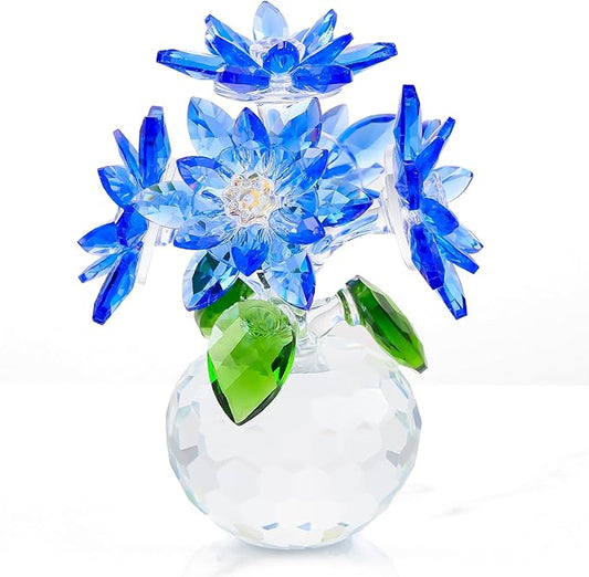 Enjinkail Handmade Crystal Daisy Figurine - Blue Glass Flowers Gifts for Women, Elegant Home Decor & Table Centerpiece