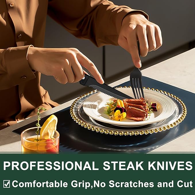 49-Piece Black Silverware Set with Organizer, Stainless Steel Roman Column Black Flatware for 8, Cutlery Utensil Sets with Steak Knives, Rust-proof, Mirror Polished, Dishwasher Safe