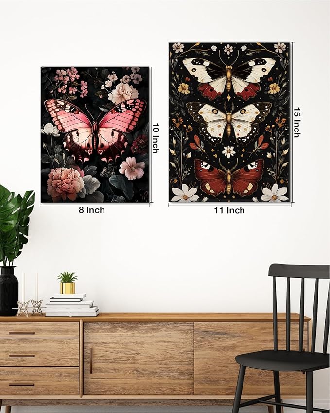 Aesthetic Moths Wall Art Decor Gothic Dark Academia Moth Canvas Print Poster Botanical Framed Painting Wall Decorations for Home Farmhouse Living Room Bedroom Decor 11x15 Inch