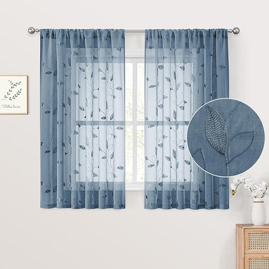 HOMEIDEAS Stone Blue Sheer Kitchen Curtains 52 x 54 Inch Length 2 Panels Embroidered Leaf Pattern Short Curtains for Bedroom Half Small Bathroom Window Rod Pocket Tiers