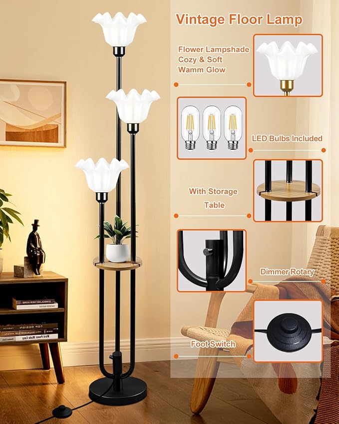 Lightdot Flower Floor Lamp for Living Room, Dimmable Vintage Floor Lamp with Shelf &3 LED Bulbs, 3 Light 3000K Soft Warmwhite Mid Century Black Standing Lamp, Floral Tall Lamp for Bedroom Office