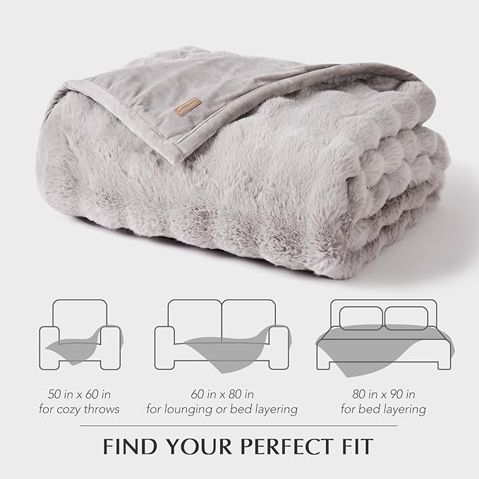 EverGrace Ultra Soft Luxury Fluffy Faux Rabbit Fur Throw Blanket, Thick Warm Bubble Throw for Bed, Cozy Plush Reversible Blankets for Couch, Chair, Sofa, Taupe, 80x90 Inches