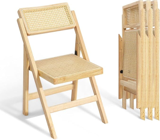 VINGLI 4 Pack Rattan Dining Chair, Wood Folding Chair with 360° Swivel Backrest, Rubberwood Frame and Rattan Woven Seat and Back, Natural Color, Set of 4