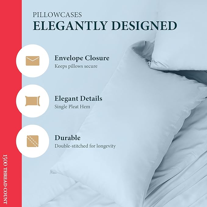 Ashton Sheets 100% Egyptian Cotton Pillow Cases King Size Set of 2-1500 Thread Count Sateen Weave Light Blue Pillow Covers, Silky Soft, Breathable & Cooling Pillowcases, Fits King Size Pillows