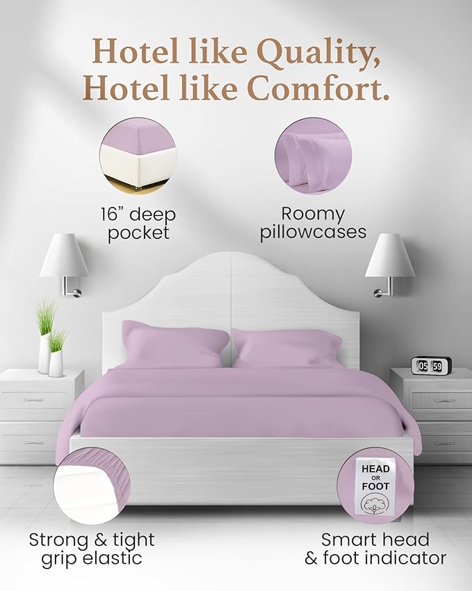 Good Sleep Bedding Deep Pocket King Sheet Set - 4 Pc, 100% Egyptian Cotton Bed Sheets, 1000 Threadcount 16" Deep Pocket Sheets King Size with Pillow Covers, Soft Hotel Sheets Like Quality - Lavender
