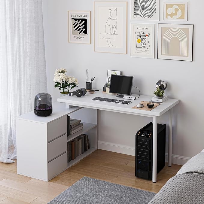 L Shape Computer Desk with 3 Drawers and 2 Shelves, Home Office Desk Corner Small Desk with Storage Cabinet for Writing Study Executive – White