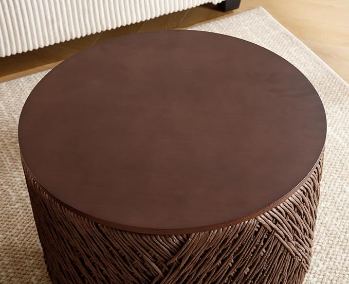 chairus Nesting Coffee Table Set of 2 Woven Round Coffee Table with Storage Solid Wood Side Table for Small Spaces, Living Room, Bedroom, Office, Dark Brown