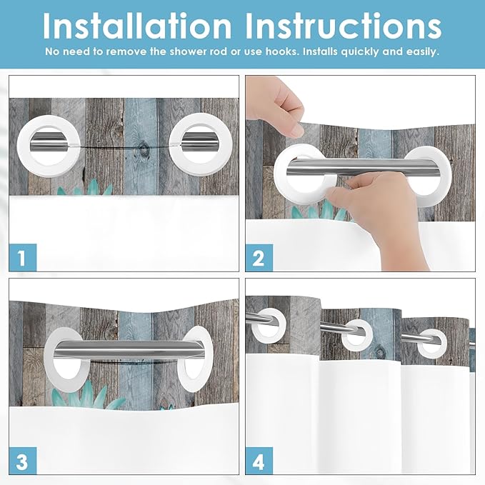 No Hook Rustic Farmhouse Shower Curtain with Snap in Fabric Liner Set, Teal Daisy Flowers and Butterfly on Wooden Double Layers Waterproof with See Through Top Bath Curtain 71x86 Inch