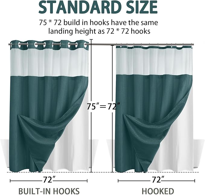 YellyHommy No Hook Shower Curtain with Snap in Liner Set Less Time Waffle Shower Curtain for Bathroom 75" L x 72" W Seaweed Green