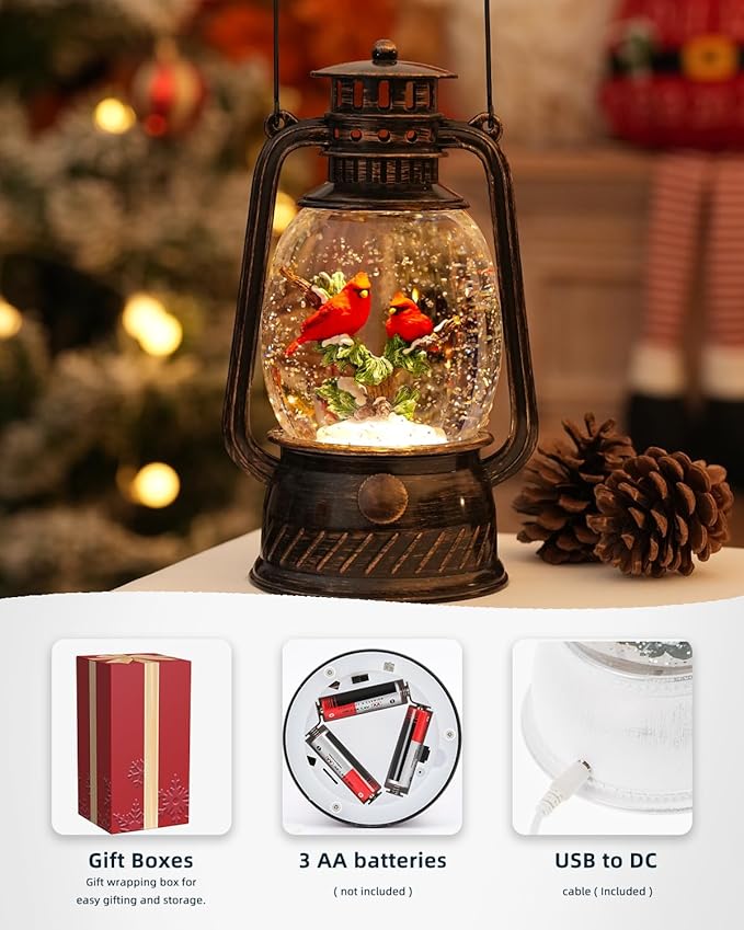 Cardinal Christmas Snow Globes Musical Lighted with 6H Time Red Bird Snow Globe Lantern Glittering,Memory Cardinal Snow Globe Gifts for Christmas Decorations