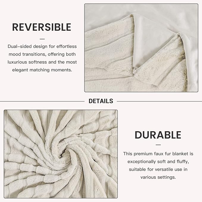 NEXHOME PRO Faux Fur Throw Blanket, Cozy Fluffy Soft Blanket or Couch Sofa Bed Living Room Decorative, Reversible Puffy Thick Warm Blanket for Winter 50"X60" Beige