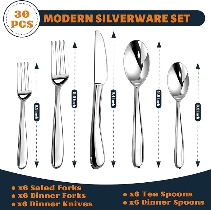 Silverware Set for 6, Heavy Duty Stainless Steel Cutlery Set Flatware Set,30 Piece Premium Silverware, Mirror Polished Modern Cutlery include Fork Knife Spoon Set,Dishwasher Safe