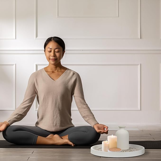 Rustic Round Wood Decorative Coffee Table Tray Farmhouse Decor with Wood Texture Boho Ottoman Serving Tray for Kitchen Counter Home (White)