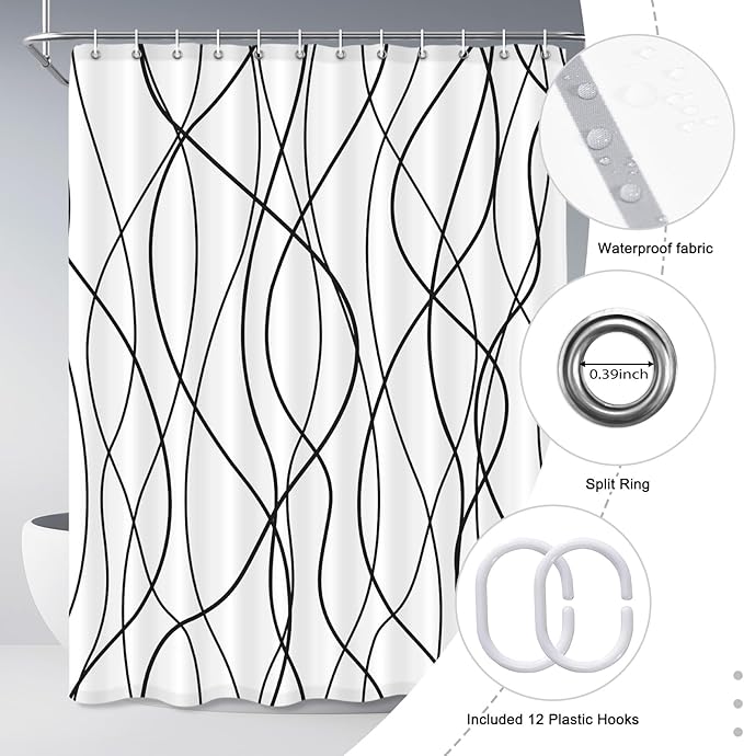 Punkray Black and White Striped Wavy Line Polyester Shower Curtain for Bathroom, Extra Long 84 Inches, Weighted Hem, Waterproof Bath Accessories - Machine Washable