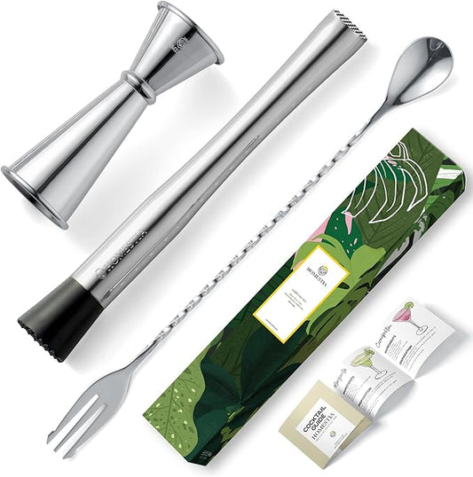Homestia 3 Pcs Muddler for Cocktails Set, 10'' Muddler, 12'' Cocktail Spoon & 1 OZ/2 OZ Double Jigger Mixing Tool Set, Stainless Steel Silver Bar Tool Set for Beverages Drinks Mixing Home Bar