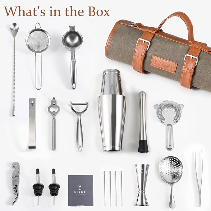 Travel Bartender Kit – 22-Pc Bartending Kit with Bar Tools Bartender Accessories, Waxed Canvas Tool Bag – Professional Stainless Steel Bar Tools Set with Standard Jigger, Unbreakable Squeezer
