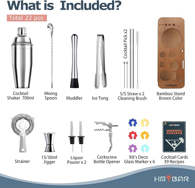 HMYBAR® 22-pc Cocktail Shaker Set(24oz/700ml) | Mixology Bartender Kit | Bar Tool Set | Martini Making Set with 39-Recipe Cocktail Cards & Kit's Deco, Bamboo Stand Brown Color, Silver Tools