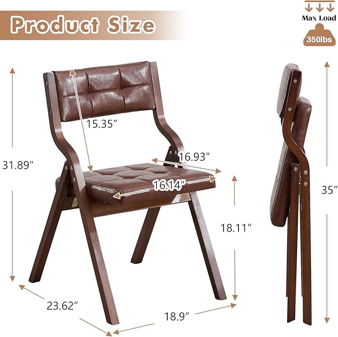 2-Pack Folding Dining Chairs with Cushion,Faux Leather Padded Foldable Dining Chairs,Portable Wooden Folding Chairs for Dining Rooms Kitchen Wedding and Party Indoor Brown
