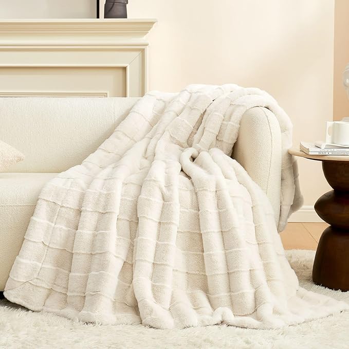 Cozy Bliss Fluffy Faux Fur Throw Blanket for Couch,Warm Cozy Soft Cream White Throw Blankets for Sofa Bed Living Room,50x60 Inches