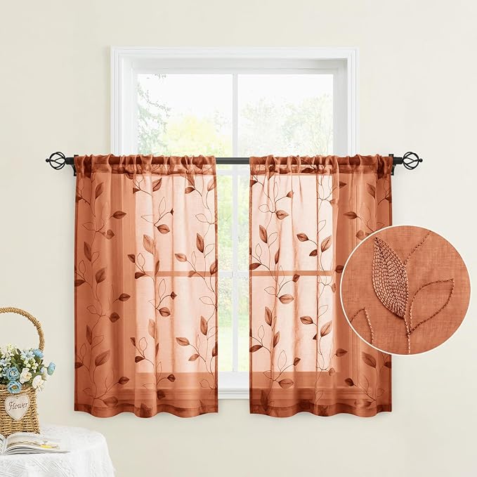 HOMEIDEAS Fall Burnt Orange Sheer Kitchen Curtains 30 X 36 Inch Length 2 Panels Embroidered Leaf Pattern Short Curtains for Small Window Valance Tiers