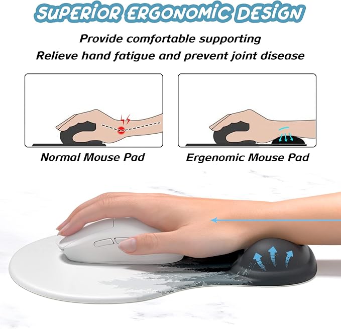 Hsurbtra Ergonomic Mouse Pad with Wrist Rest Support, Gel Mouse Pads with Non-Slip PU Base, Pain Relief Memory Foam Computer Mat, Cute Office Supplies Desk Decro Accessories, White Forest