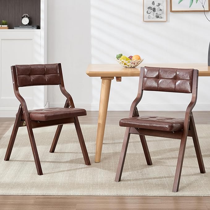 4-Pack Folding Dining Chairs with Cushion,Faux Leather Padded Foldable Dining Chairs,Portable Wooden Folding Chairs for Dining Rooms Kitchen Wedding and Party Indoor Brown