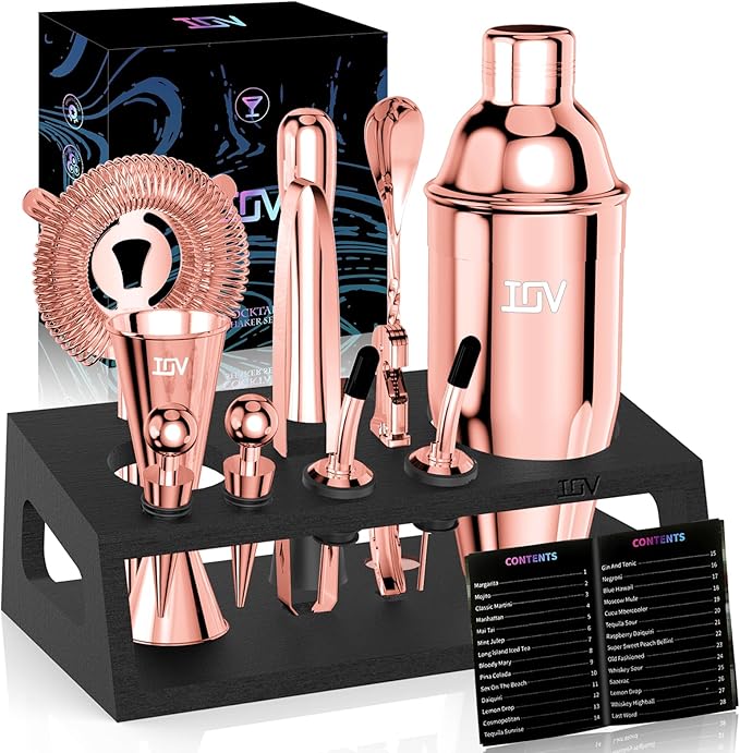 IOV Mixology Bartender Kit with Stand | 12-Piece Cocktail Shaker Set | 24oz Martini Shaker Set for Drink Mixing | Bar Set Includes All Bar Tools and Recipe Booklet | Fun Housewarming Gift (Rose Gold)