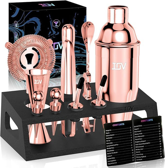 IOV Mixology Bartender Kit with Stand | 12-Piece Cocktail Shaker Set | 24oz Martini Shaker Set for Drink Mixing | Bar Set Includes All Bar Tools and Recipe Booklet | Fun Housewarming Gift (Rose Gold)