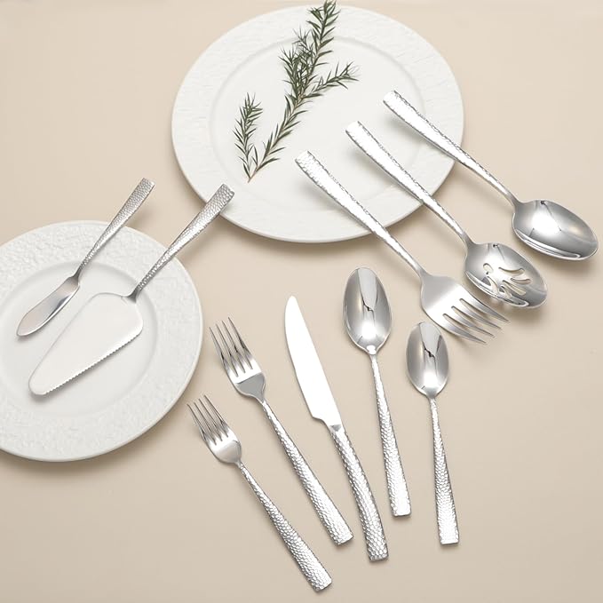 45-Piece Silverware Set with Serving Utensils Set, Silver Hammered Stainless Steel Flatware for 8, Food-Grade Tableware, Including Fork, Knife, Spoon Set, Home Kitchen Cutlery, Dishwasher Safe