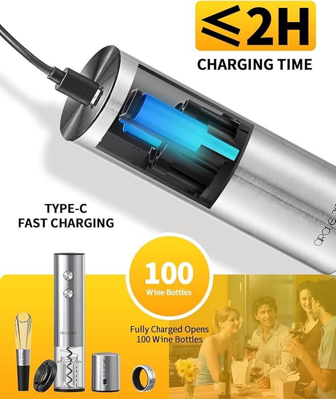 CIRCLE JOY Electric Wine Opener Rechargeable 5-in-1 Stainless Steel Wine Bottle Opener Premium Gift Set with Foil Cutter, Wine Aerator Pourer, Wine Drip Ring & Vacuum Stopper for Wine Lovers