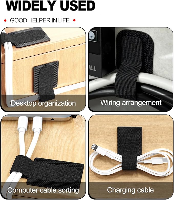 50 Pcs Self Adhesive Cable Tie Reusable Made of 3M, Multi-Purpose Heavy Duty Hook Loop Cable Management Wire Ties for Home,Office,Kitchen,School (5.9" & 3.54", Black & White)