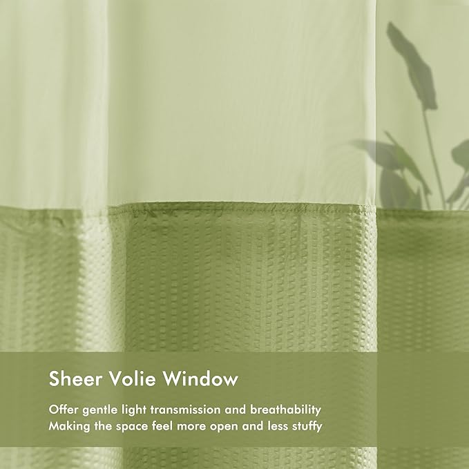 Mrs Awesome No Hook Shower Curtain with Snap-in Liner, Embossed Waffle Design Fabric Shower Curtain for Bathroom, Soft & Lightweight, 71x74, Sage Green