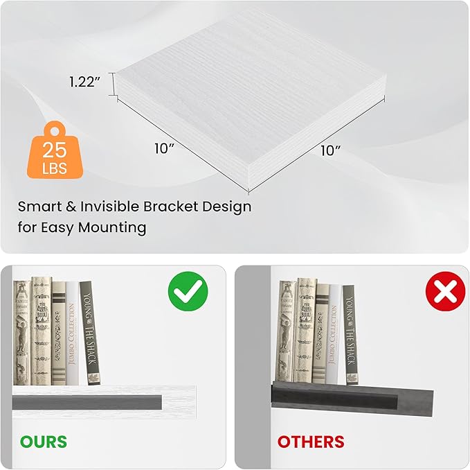 Square Floating Shelves for Wall, 10" W x 10" D x 1.2" H, Small Wooden Wall Mounted Display Shelves with Invisible Brackets for Living Room, Bedroom, Bathroom, Kitchen Decor, Set of 4, White