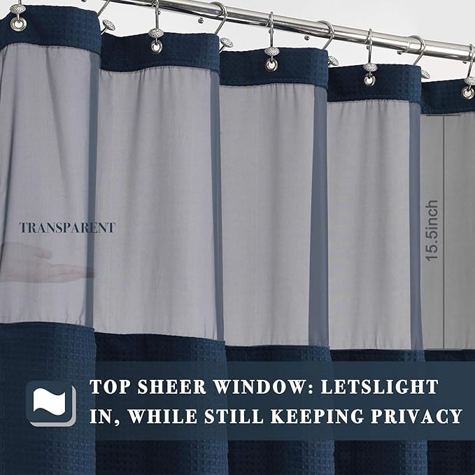 N&Y HOME Extra Long Waffle Weave Shower Curtain with Snap-in Fabric Liner Set, 12 Hooks Included - 71" x 84", Hotel Style, Mesh Top Window, Machine Washable & Water-Repellent - 71x84, Navy Blue