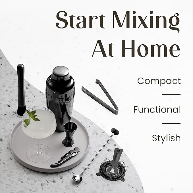 Mixology & Craft Cocktail Shaker Set - 11-Piece Bar Accessories Kit w/Weighted Boston Shaker, Strainer, Jigger, Muddler and More - Home Bartending Tools, Accessories for Bartender, Black