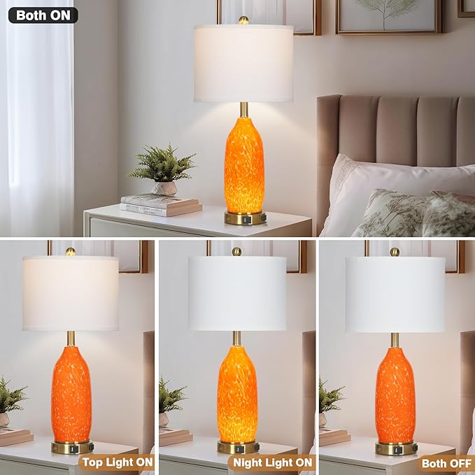 26" Modern Orange Glass Table Lamp Set of 2,Bedside Lamps with USB A+C Ports & AC Outlet, Nightstand Lamp with 3-Way Dimmable Touch Control Night Light for Bedroom Living Room(Bulbs Included)
