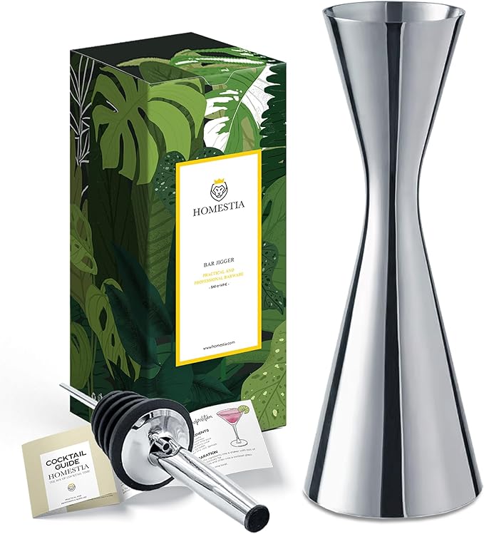 Homestia Jigger for Bartending with 1 Pourer, Stainless Steel Double Jigger Premium Japanese Style Slim Measuring 1 oz 2oz Jigger with Measurements Inside Cocktail Bar Tools for Bartender